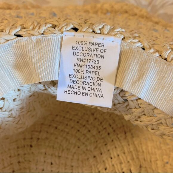 Cream Wide Brim Crochet Straw Hat w/ Black Hatband OSFA Gorgeous - Picture 9 of 9